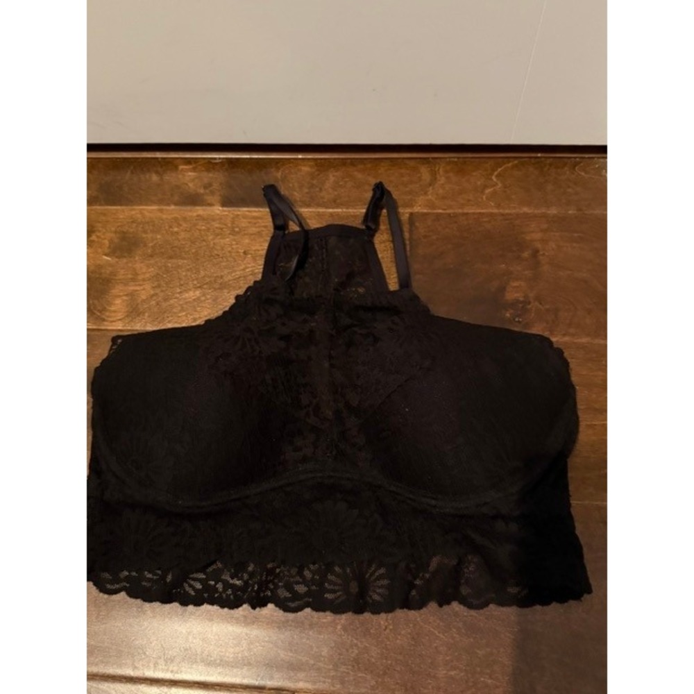 Victoria's Secret PINK Black Lace High Neck Halter Lrg Bralette Padded Racerback